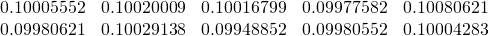 \begin{equation*} \begin{array}{ccccc} 0.10005552 & 0.10020009 & 0.10016799 & 0.09977582 & 0.10080621 \\ 0.09980621 & 0.10029138 & 0.09948852 & 0.09980552 & 0.10004283% \end{array} \end{equation*}