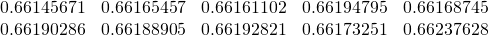 \begin{equation*} \begin{array}{ccccc} 0.66145671 & 0.66165457 & 0.66161102 & 0.66194795 & 0.66168745 \\ 0.66190286 & 0.66188905 & 0.66192821 & 0.66173251 & 0.66237628% \end{array} \end{equation*}