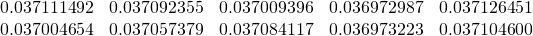 \begin{equation*} \begin{array}{ccccc} 0.037111492 & 0.037092355 & 0.037009396 & 0.036972987 & 0.037126451 \\ 0.037004654 & 0.037057379 & 0.037084117 & 0.036973223 & 0.037104600% \end{array} \end{equation*}