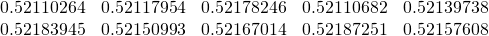 \begin{equation*} \begin{array}{ccccc} 0.52110264 & 0.52117954 & 0.52178246 & 0.52110682 & 0.52139738 \\ 0.52183945 & 0.52150993 & 0.52167014 & 0.52187251 & 0.52157608% \end{array} \end{equation*}