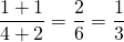 \begin{equation*} \frac{1+1}{4+2}=\frac{2}{6}=\frac{1}{3} \end{equation*}